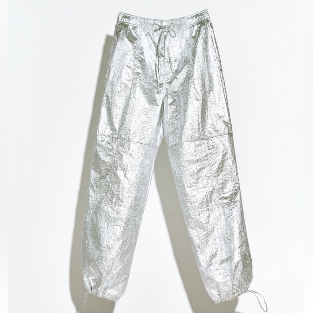 Zara Metallic Silver Parachute Pants NWT Size XL